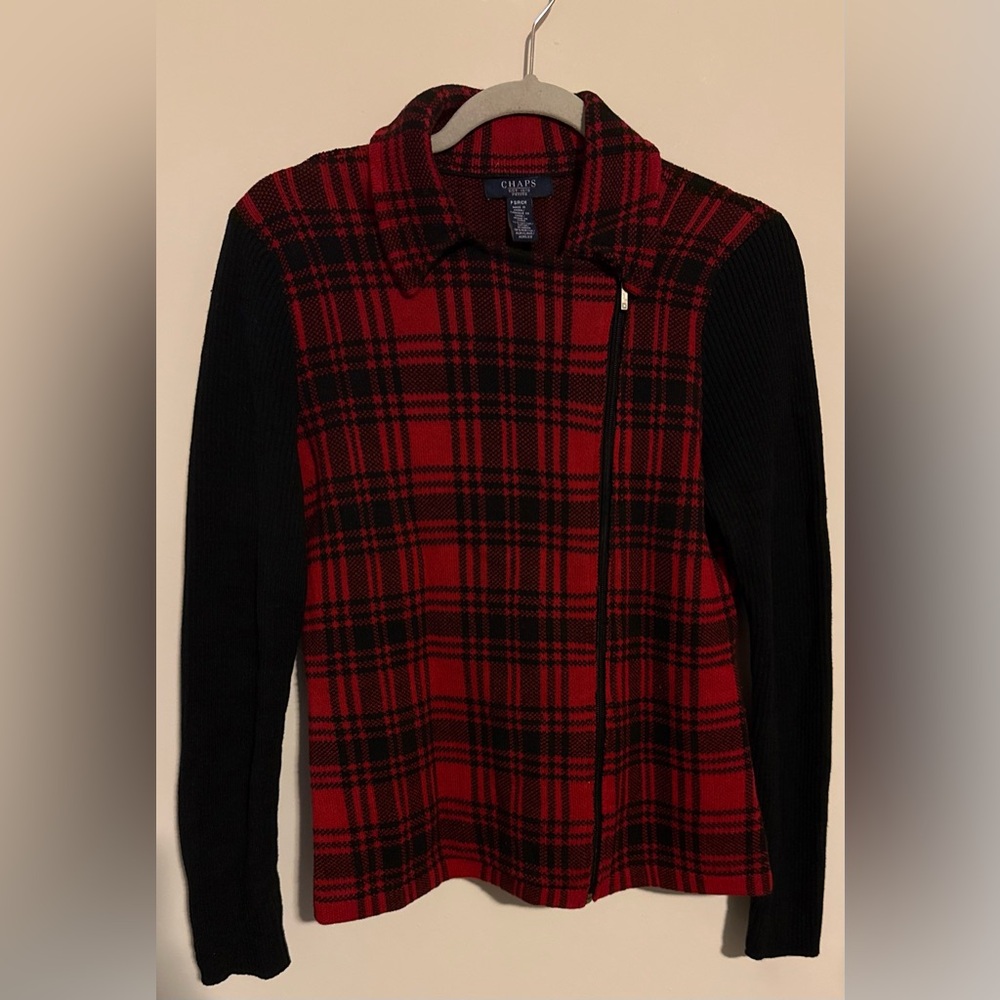 Chaps Red Black zip up sweater warm layer winter plaid print old money sz Small